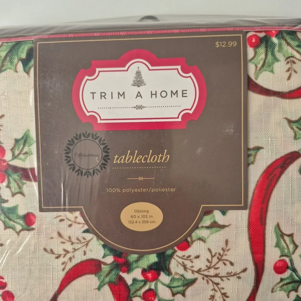 Trim a Home Christmas Holly Berries Red Ribbons 60 x 102 IN Oblong Tablecloth